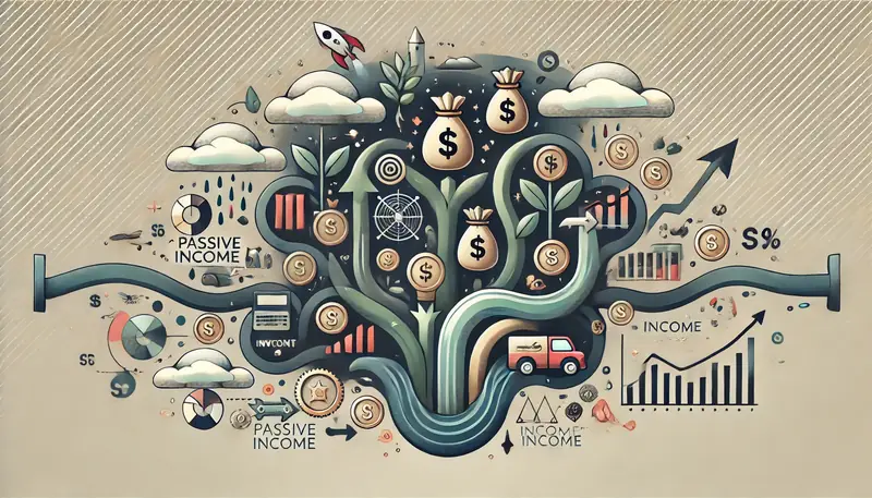 Conceito de renda passiva com investimentos e diferentes fontes de dinheiro