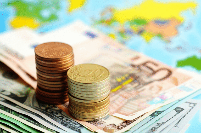Moedas e notas empilhadas em frente a um mapa mundial.