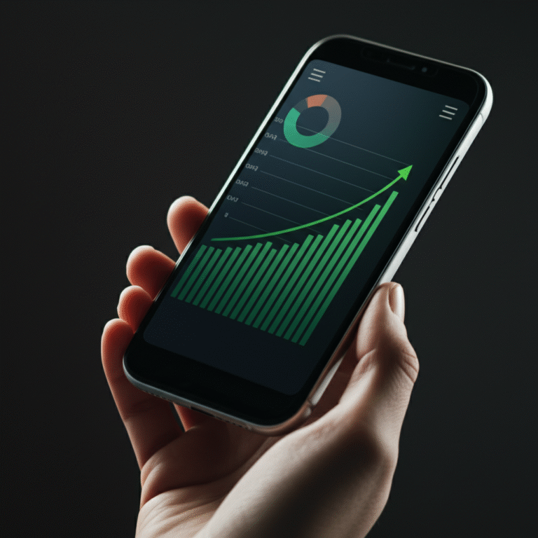 Investindo no Futuro pelo Smartphone Mão segurando um smartphone mostrando um gráfico de investimentos crescendo.