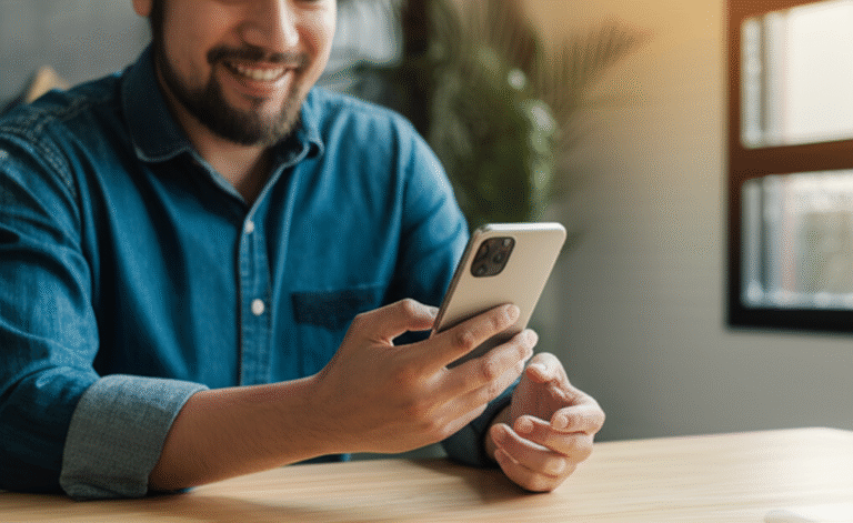 Homem sorrindo usando um aplicativo de gestão financeira no celular.