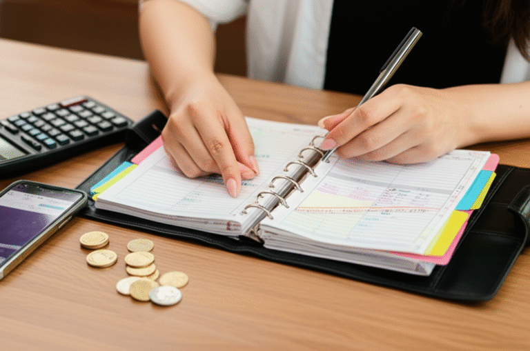 Organize suas finanças e conquiste seus objetivos. Pessoa organizando finanças com um planner financeiro.