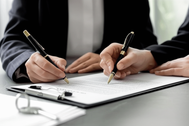 Pessoas assinando contrato de financiamento imobiliário.