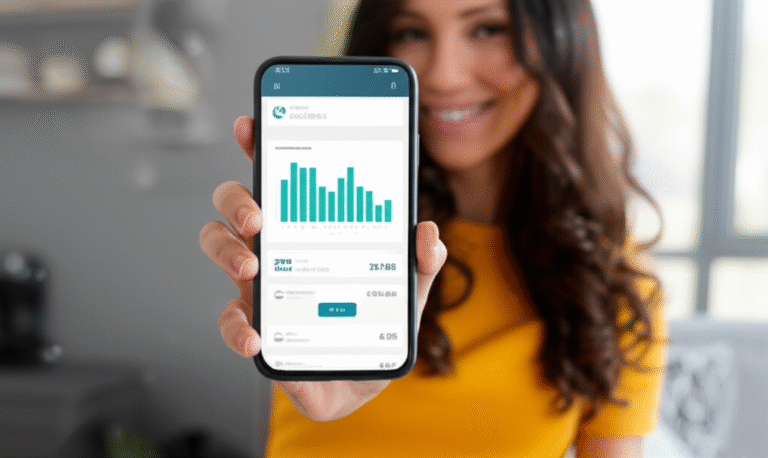 Mulher usando aplicativo de finanças no celular