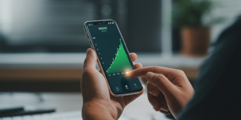 Mão tocando em tela de celular com gráfico de crescimento financeiro