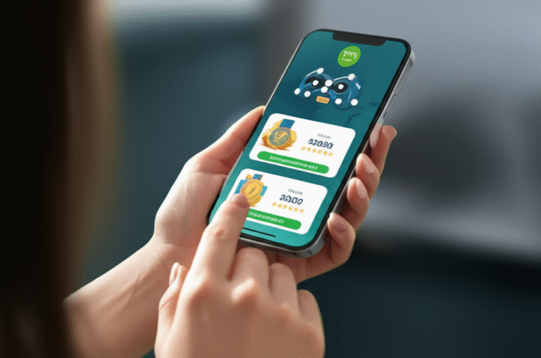 Mulher usando aplicativo de finanças gamificadas no celular