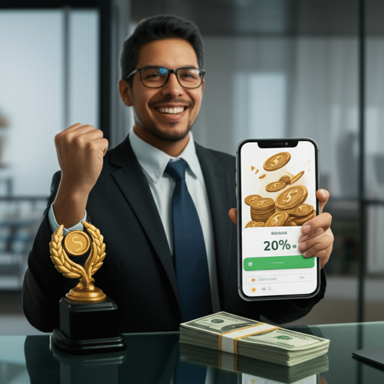 Homem comemorando meta financeira atingida