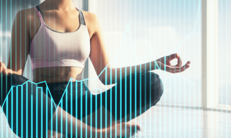 Controle Emocional nas Finanças Pessoa meditando com gráfico de finanças em segundo plano