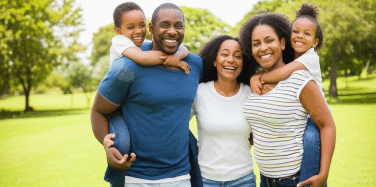 Priorizando o Valor Família sorrindo em um parque ensolarado