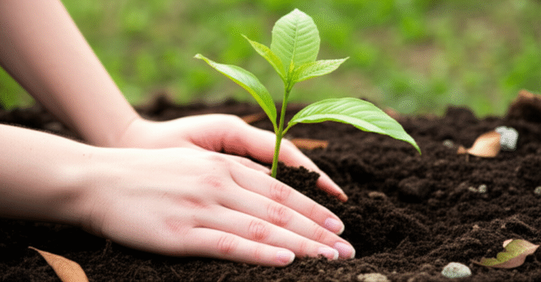 Mãos plantando uma muda em solo fértil.