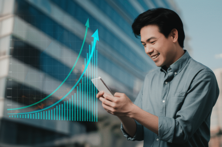 Finanças no TikTok: Aprendizado Dinâmico Jovem sorrindo usando celular com gráfico financeiro no TikTok