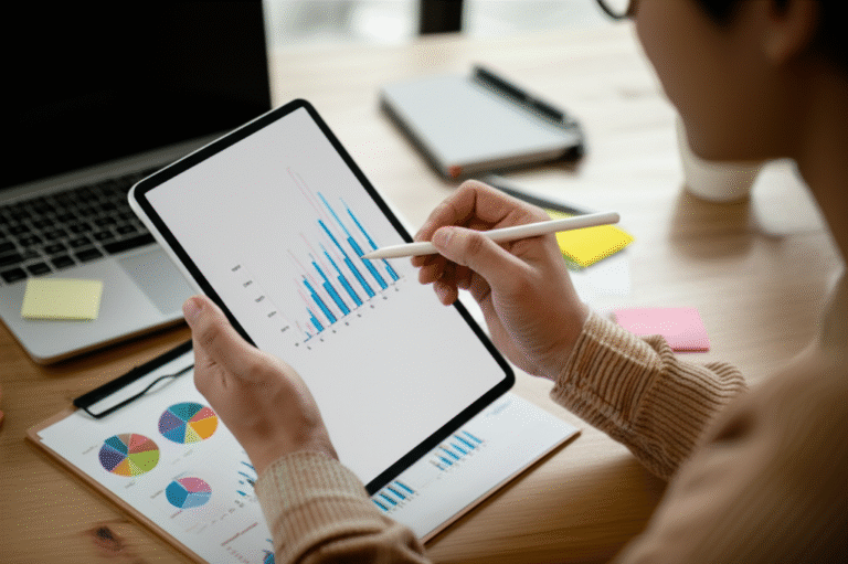 Orçamento pessoal eficaz Jovem analisando orçamento em um tablet