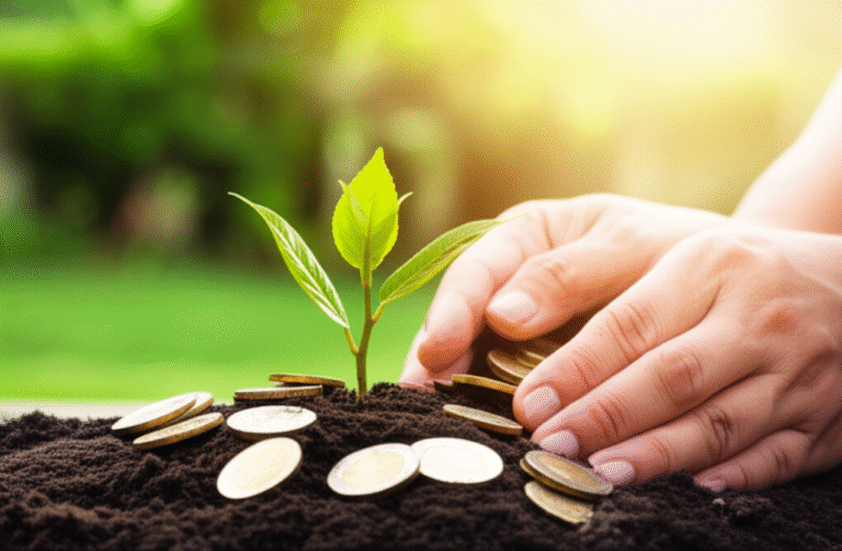Investindo no Futuro Mãos plantando muda de árvore com moedas ao redor