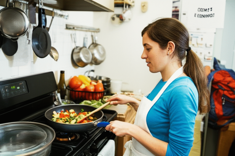 Mulher cozinhando em uma cozinha de hostel.