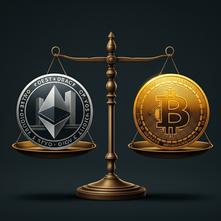 Balança equilibrando investimentos tradicionais e criptoativos.