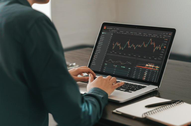 Pessoa analisando gráficos de criptomoedas em um laptop.