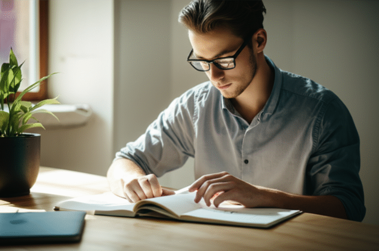 Pessoa investindo em educação financeira com um livro e um notebook.