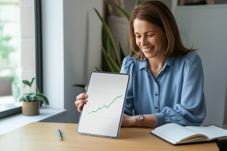 Mulher analisando gráfico de fluxo de caixa em um tablet