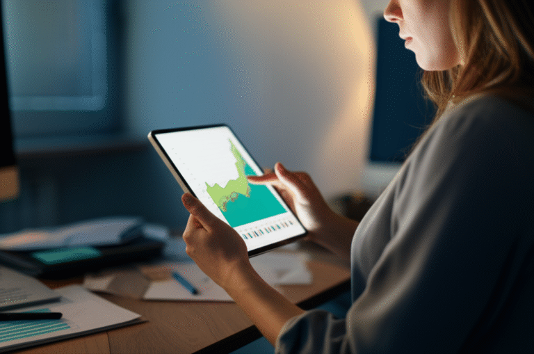 Mulher sorrindo analisando gráfico financeiro em um tablet.