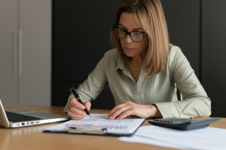 Análise Financeira Detalhada Mulher analisando planilha financeira com passivos e ativos