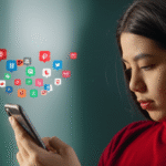 Pessoa olhando para o celular com notificações piscando.