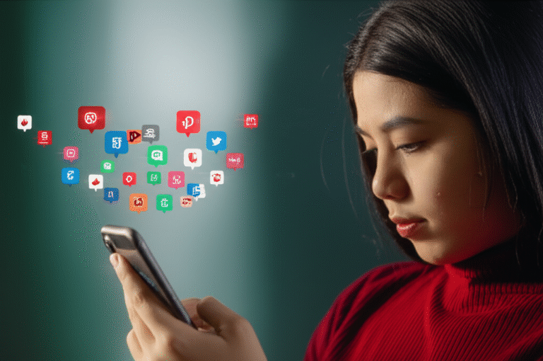 Pessoa olhando para o celular com notificações piscando.