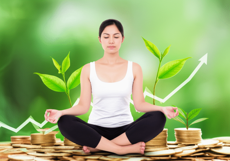 Pessoa meditando com gráfico de crescimento financeiro ao fundo.
