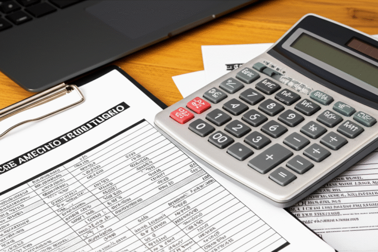 Calculadora e documentos fiscais sobre uma mesa.