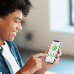 Jovem usando aplicativo de controle financeiro no celular