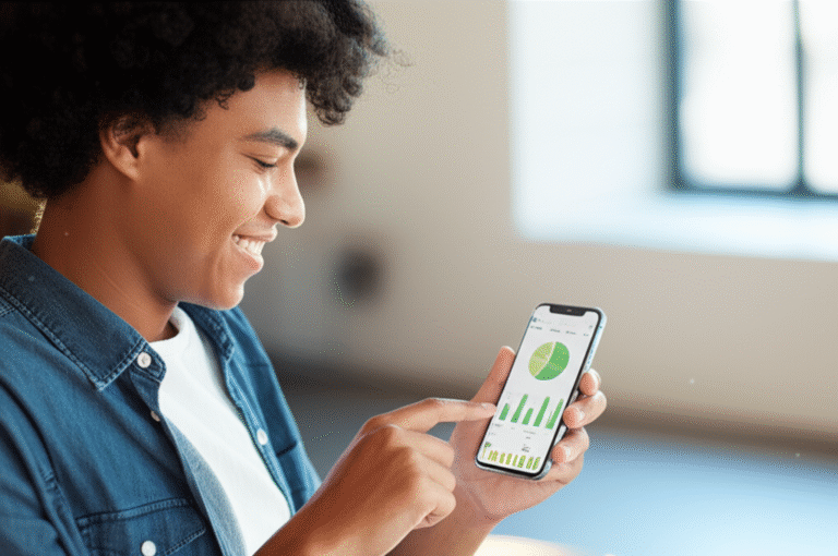 Jovem usando aplicativo de controle financeiro no celular