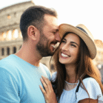 Casal sorrindo em viagem de férias, abraçados em frente a um ponto turístico famoso