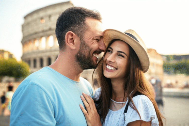 Viajar Traz Felicidade Casal sorrindo em viagem de férias, abraçados em frente a um ponto turístico famoso