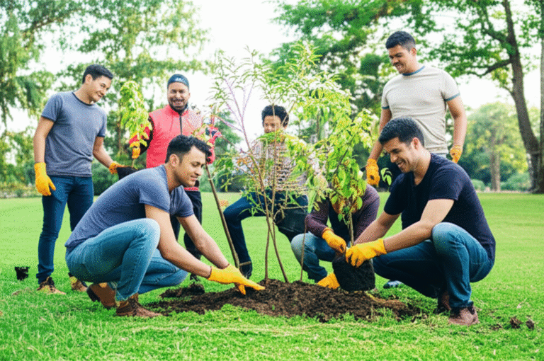 Doe Tempo e Ajude Voluntários plantando árvores juntos em uma área verde.