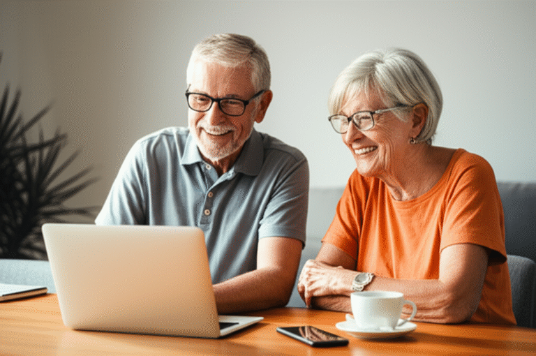 Planejamento Financeiro para a Longevidade Casal idoso sorrindo enquanto planeja finanças
