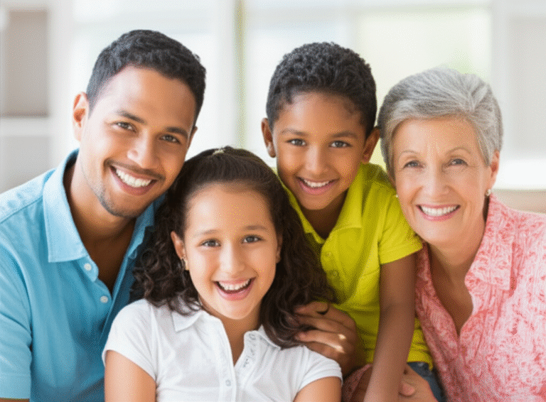 Planejamento Sucessório Familiar Família multiétnica sorrindo junta em um ambiente moderno