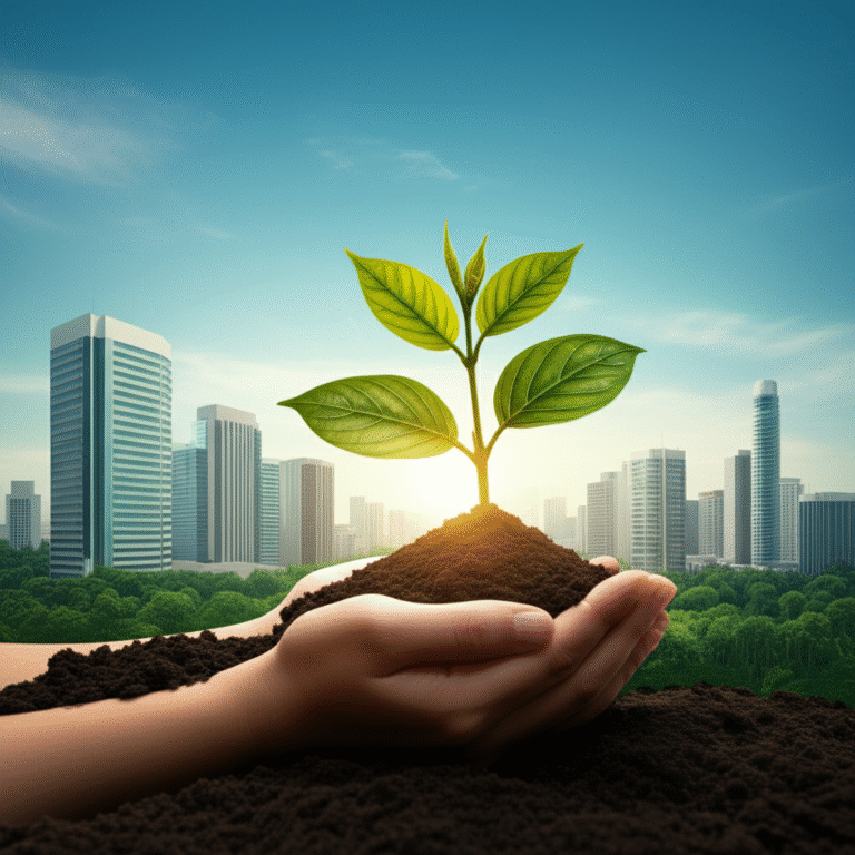 Impacto Positivo e Crescimento Sustentável Mãos plantando uma muda de árvore em solo fértil, simbolizando o impacto positivo.