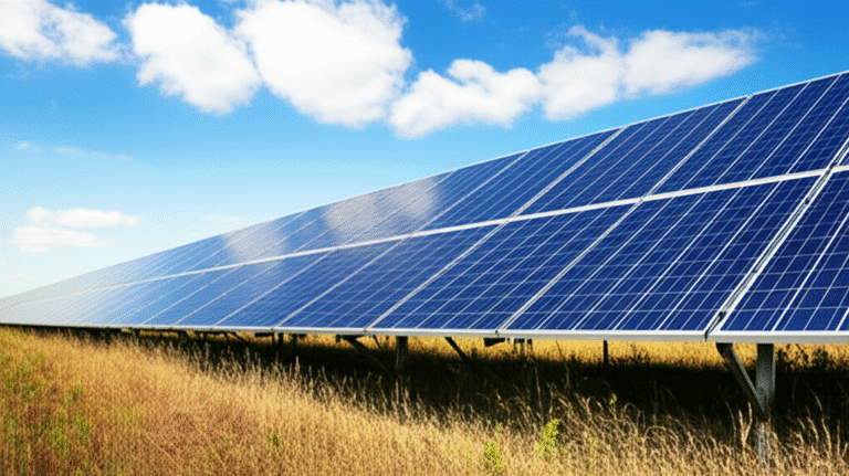 Energia Limpa e Acessível Painéis solares em um campo, fornecendo energia limpa e renovável.