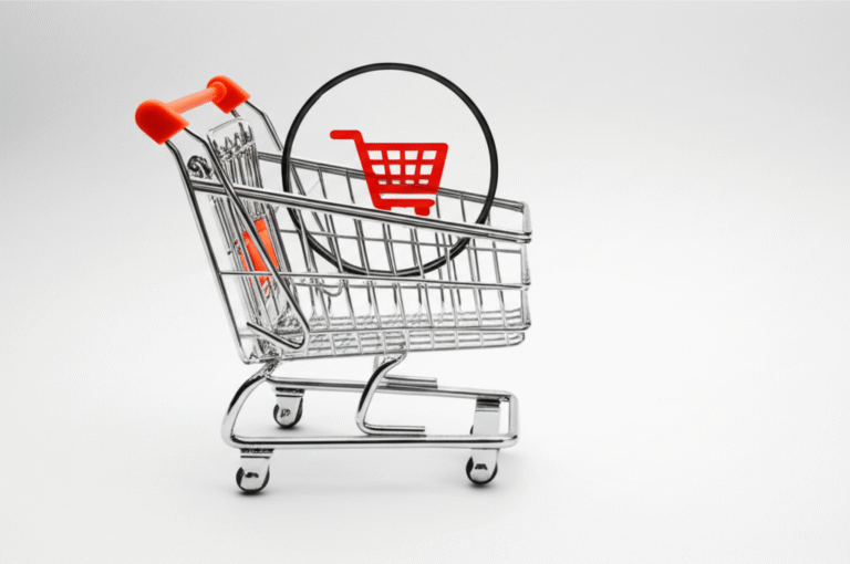 Verificação de Custos em Compras Online Carrinho de compras online com lupa sobre o preço