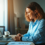 Mulher analisando gráficos financeiros em um laptop pela manhã