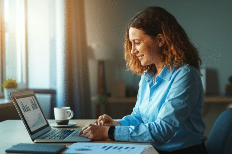 Análise Financeira Matinal Mulher analisando gráficos financeiros em um laptop pela manhã