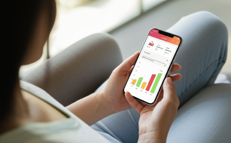 Aplicativo de Finanças Transparentes Mulher usando aplicativo de finanças no celular.