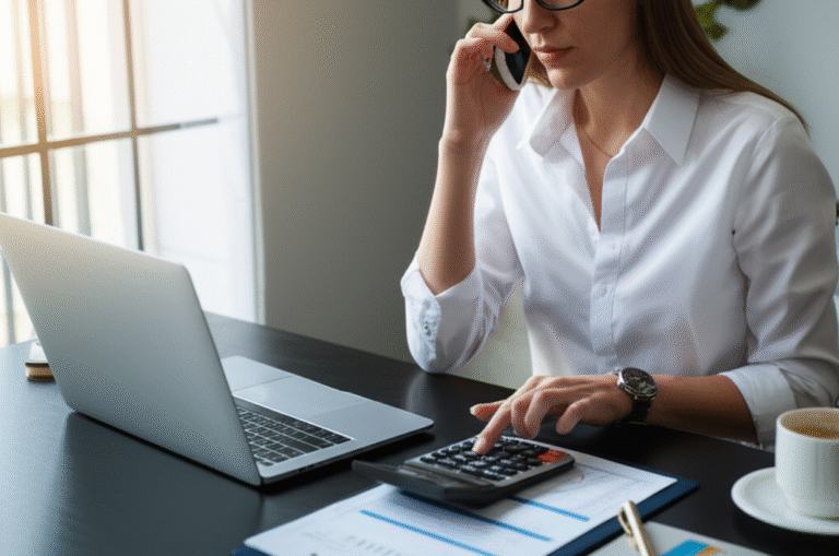 Gestão Financeira na Economia Gig Mulher trabalhando em casa com laptop e calculadora