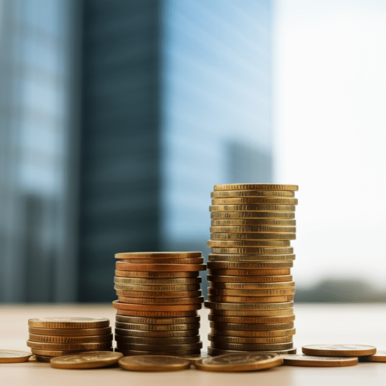Investimentos para o Futuro Moedas empilhadas com um prédio ao fundo
