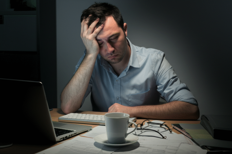 Privação do Sono e Produtividade Homem exausto tentando trabalhar em frente ao computador